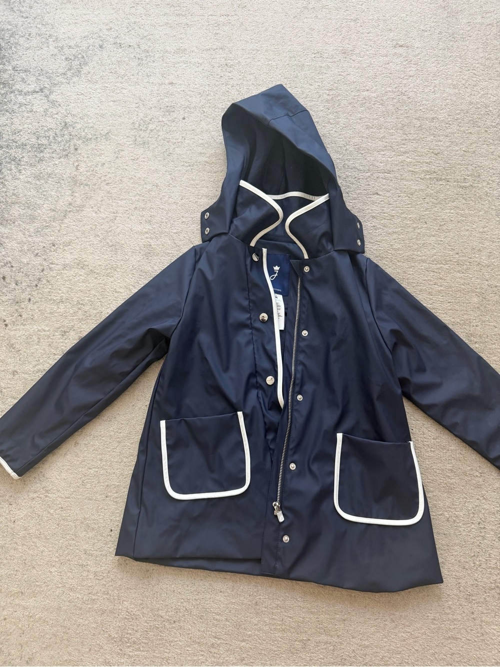 Jacadi Paris Girls Navy Hooded Raincoat Size 8A 128cm